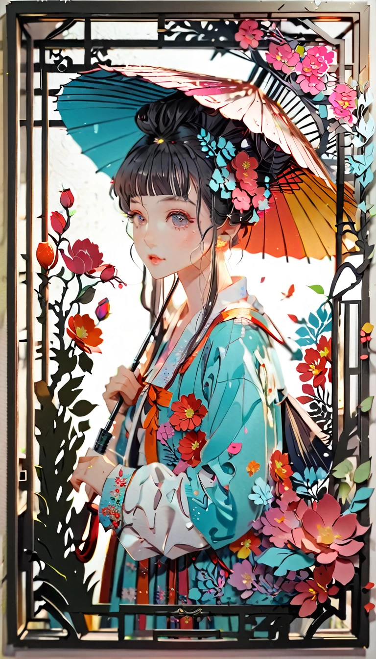 (((paper cutting style))), (frame of illustration is 3D paper cutting: 1.2), (random fashion), (random angle), (random hairstyle), (random hair color), (random hair length), 1 girl, umbrella, flower