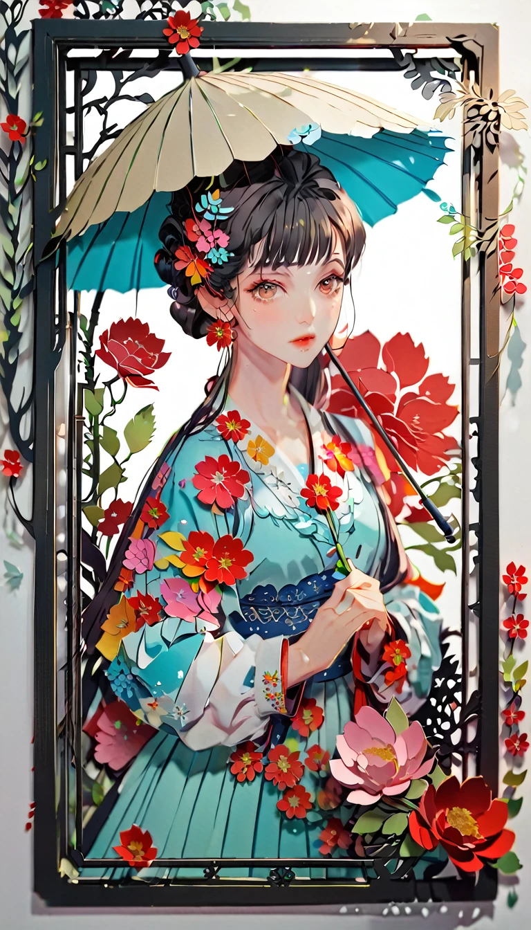 (((paper cutting style))), (frame of illustration is 3D paper cutting: 1.2), (random fashion), (random angle), (random hairstyle), (random hair color), (random hair length), 1 girl, umbrella, flower