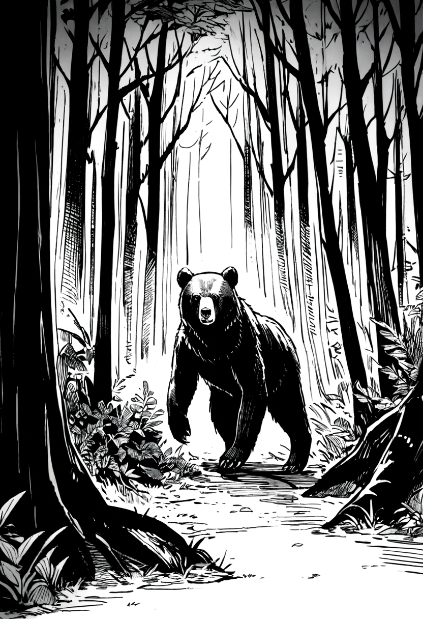 black and white drawing, A bear in the forest