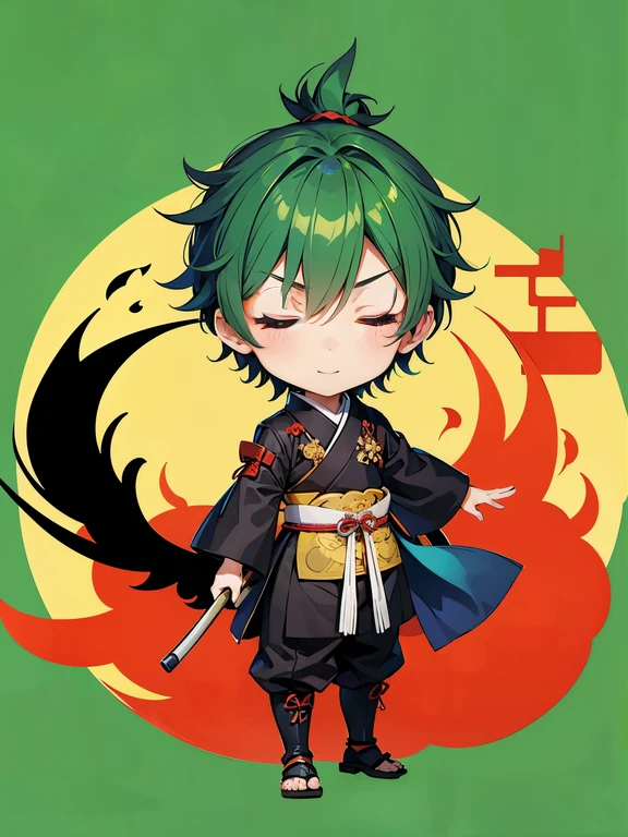 1boy,samurai,chibi,upright,green background,closed eyes,