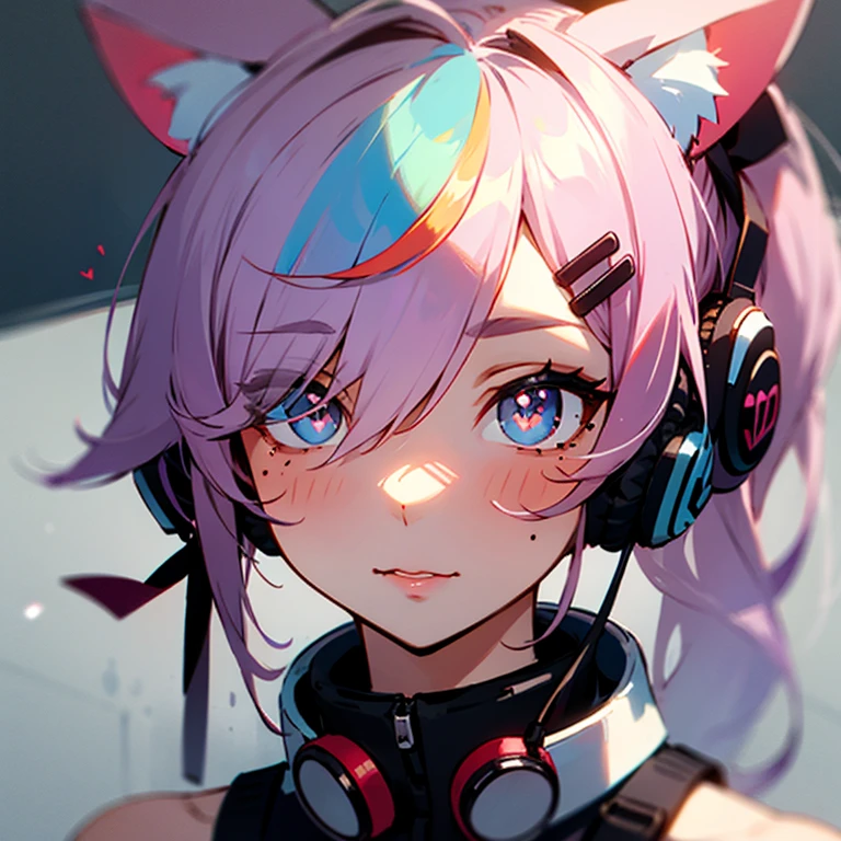 Rainbow Hair, ponytail, Hair Clip, Hair Ribbon, Hair Ribbon, decoration, goggles, Mole under the eye, Heart-shaped pupils, Cat ear headphones,Portraiture