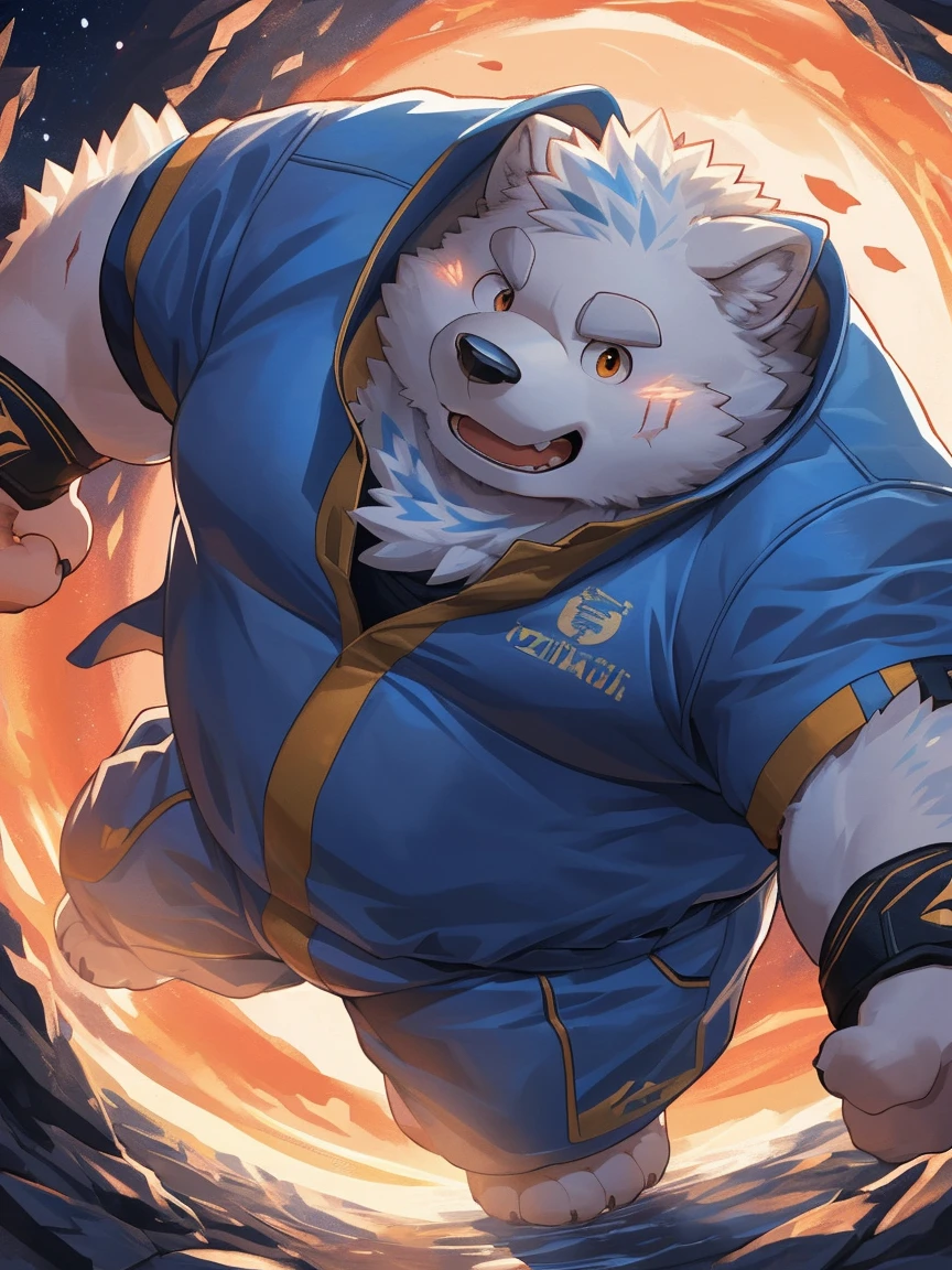 human nature, Wildlife, male,18 years old， solitary, ((Round Face, The face is plump,Orange eyes,Thick white hair，With scars)), ((Endomorph, Handsome，Hot Blood)), (Sportswear，Light blue and white coat，Wear a sports cap), ((domestic 犬, Dog Orc，) Fluffy fur, Fluffy), Bokeh, (high quality, high resolution, masterpiece), (Dynamic Lighting, Vibrant colors，Natural fill light), (Revitalize，harm，Disdain，aggressive), Full body picture (close up), cartoon, author：Takemoto Arashi, From zixiong, By Chunni, author：Empty Ghost，（background：Night cottage door）