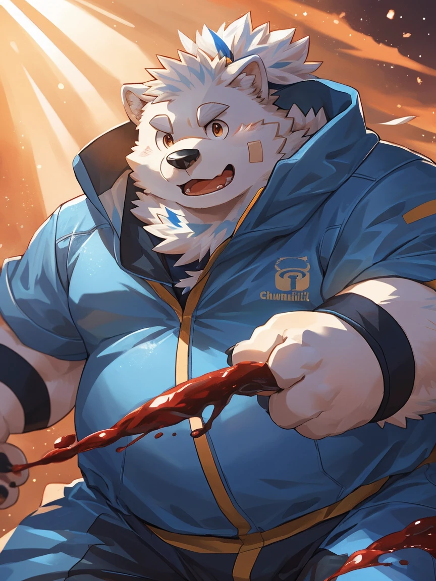 human nature, Wildlife, male,18 years old, solitary, ((Round Face, The face is plump,Orange eyes,Thick white hair,With scars)), ((Endomorph, Handsome,Hot Blood)), (Sportswear,Light blue and white coat,Wear a sports cap), ((domestic 犬, Dog Orc,) Fluffy fur, Fluffy), Bokeh, (high quality, high resolution, masterpiece), (Dynamic Lighting, Vibrant colors,Natural fill light), (Revitalize,harm,Disdain,aggressive), Full body picture (close up), cartoon, author:Takemoto Arashi, From zixiong, By Chunni, author:Empty Ghost,(background:Night cottage door)