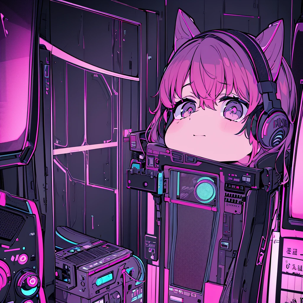 Best quality, (masterpiece), best detail face,1 girl, big breasts, 18 yo, 8k,absurdres,unity 8k wall paper,(extremely detailed), highest realistic, (retro headphones:), (soft neon light:), (psychedelic), Her room full of music equipment, Light clothing in summer, See the whole room, She is leaving the room, dark bordeaux palette