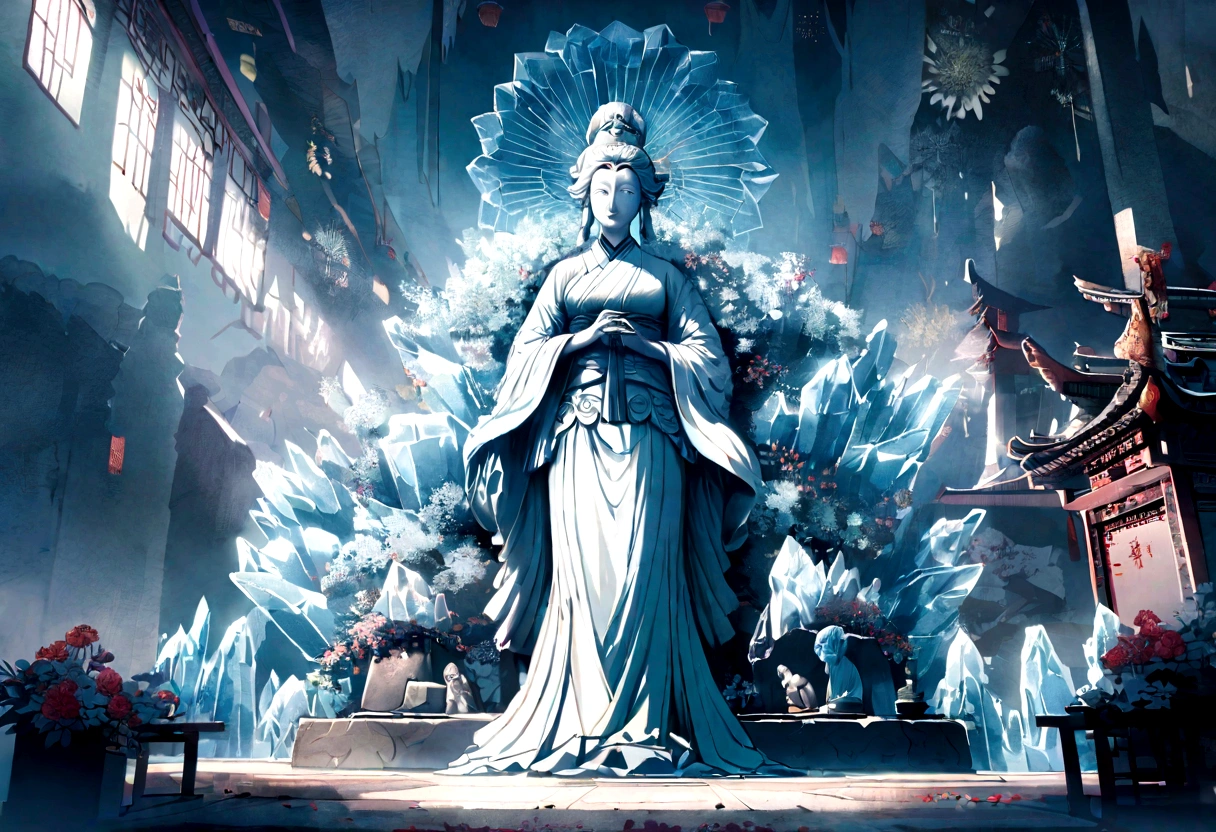 Ice sculpture of Guanyin statue,Meticulous environment,There are flowers blooming next to it