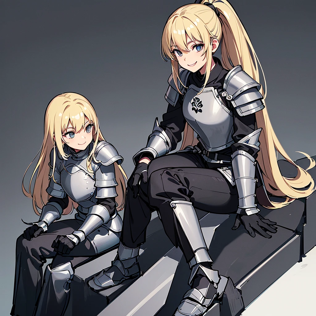 (((Solo)))、Highest quality, Best Quality、、Best illustrations、(((Gray simple armor、Black trousers、Black gloves))、(woman、18-year-old)、(Blonde、Long Hair)、(White background)、(Sit on the stairs)、(smile、smile)、wave hands