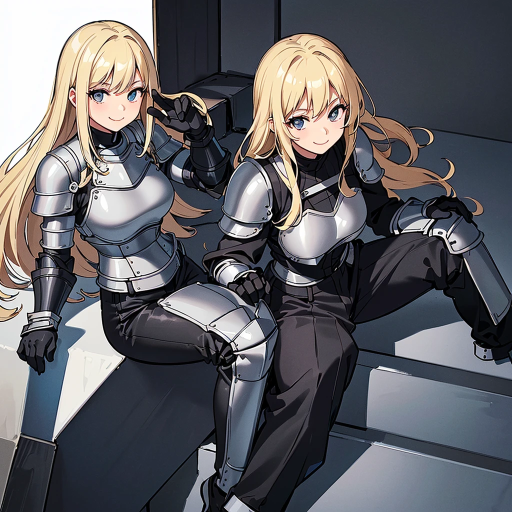 (((Solo)))、Highest quality, Best Quality、、Best illustrations、(((Gray simple armor、Black trousers、Black gloves))、(woman、18-year-old)、(Blonde、Long Hair)、(White background)、(Sit on the stairs)、(smile、smile)、wave hands