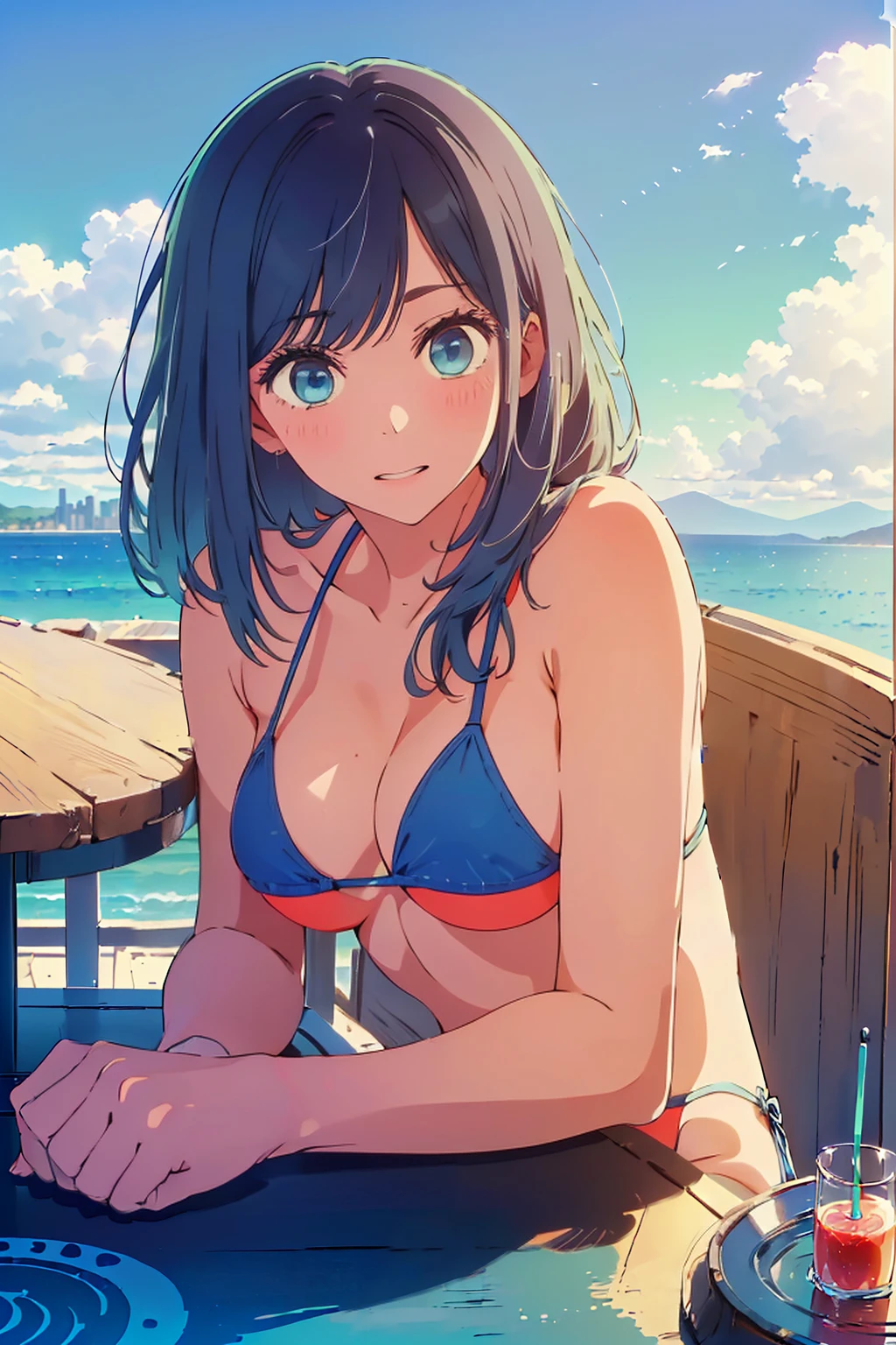 (Highest quality:1.4、8k:1.4,detailed),F cup bust、Big Breasts、Slim and beautiful arms、Slim body、Very white beautiful skin、((((1 person、smile、smile、sit、Chair、In the background are the urban buildings of Tokyo、Outdoor café terrace、coastal、Navy hair color、juice、She is wearing a white side-string high-leg bikini、Cheek cane on table、Shooting from a distance、Very cute face))))、looking at the camera、Very beautiful face、Very blue sky、A completely cloudless sky、She tilted her head slightly、The atmosphere is bright and lively、The woman is at the center of the image。