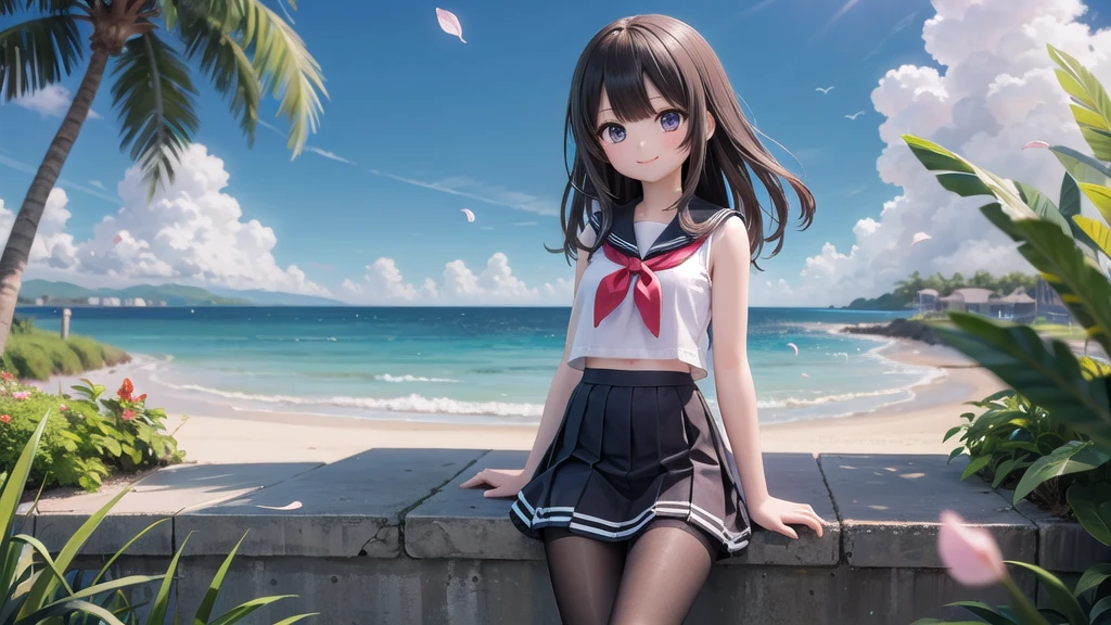 (masterpiece),  town,  blue sky,  One Girl, Place the person on the right,  smile,  alone,  Sailor suit、Long skirt,  Overgrown,  petal,  plant、Skirt lining、Translucent slip、nostalgic、Black Pantyhose、I can see the ocean in the distance, Crotch close-up