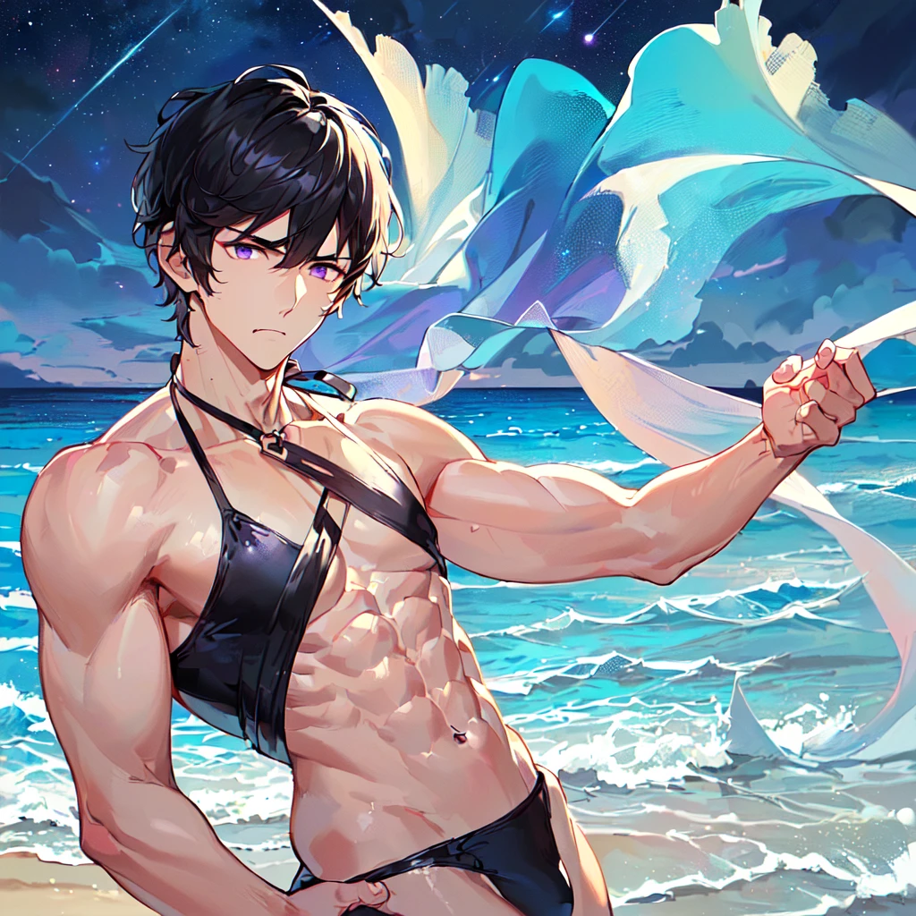 masterpiece,best quality,high quality,extremely detailed,(1male austere handsome adult age 30 years old solo:1.5),(purple eyes, cool with suspended eyes), (8.5 head tall and 185cm tall with strong and fearless body,(well-groomed black short hair to neck:1.4), (bangs parted in thirds:1.4), (naked upper body with pectoral and rectus abdominis muscles:1.3), slender nose, facial muscles, (swimsuit:1.3), (hand on neck:1.3), (stylish pose), (scowl:1.3), (ocean beach:1.3), (Night Sky :1.3), (full body:1.3)