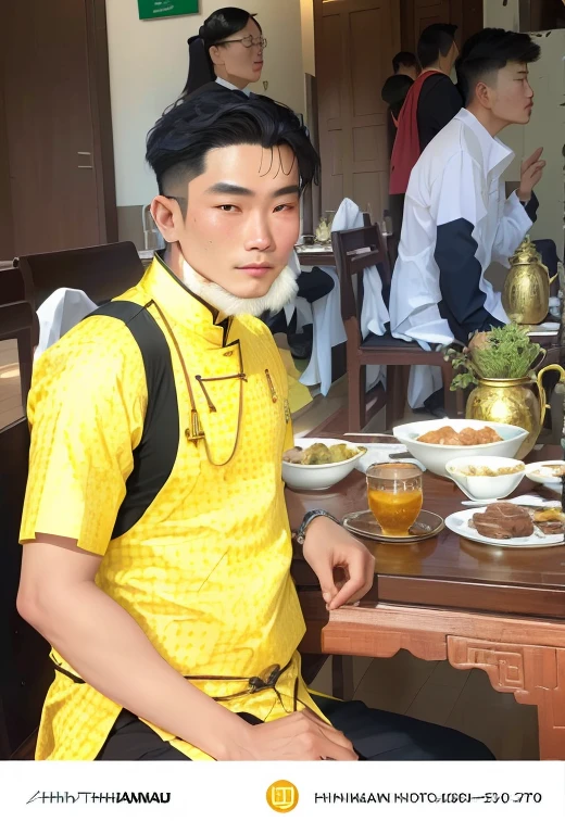 there is a man sitting at a table , thawan duchanee, in style of thawan duchanee, in style of lam manh, nivanh chanthara, quy ho, sitting at table, xiang duan, wearing wheat yellow gauze, li zixin, hoang long ly, xintong chen