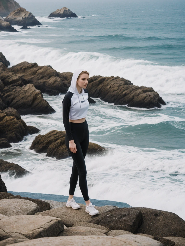 her name is Elle, high quality, 1girl, ((20-year-old fit Caucasian woman)), ((20 years old)), ((fit)), ((pale skin)), short length straight dark hair , wearing Graphic Cropped Hoodie + High-Waisted Vinyl Leggings, pose: standing, background: Capture the coastal beauty of Big Sur in California, with its rugged cliffs, scenic Highway 1, and the waves crashing against the rocky shoreline.