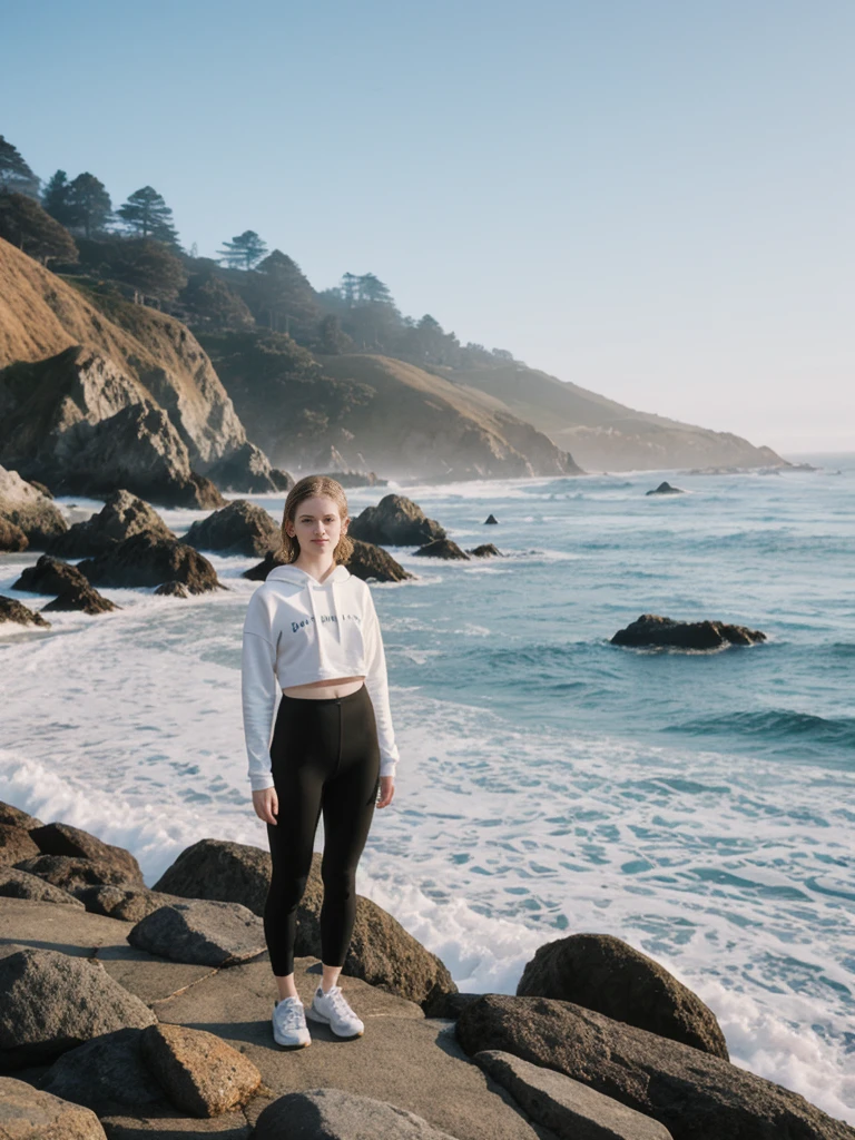 her name is Elle, high quality, 1girl, ((20-year-old fit Caucasian woman)), ((20 years old)), ((fit)), ((pale skin)), short length straight dark hair , wearing Graphic Cropped Hoodie + High-Waisted Vinyl Leggings, pose: standing, background: Capture the coastal beauty of Big Sur in California, with its rugged cliffs, scenic Highway 1, and the waves crashing against the rocky shoreline.