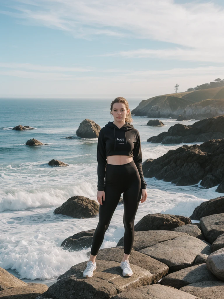 her name is Elle, high quality, 1girl, ((20-year-old fit Caucasian woman)), ((20 years old)), ((fit)), ((pale skin)), short length straight dark hair , wearing Graphic Cropped Hoodie + High-Waisted Vinyl Leggings, pose: standing, background: Capture the coastal beauty of Big Sur in California, with its rugged cliffs, scenic Highway 1, and the waves crashing against the rocky shoreline.