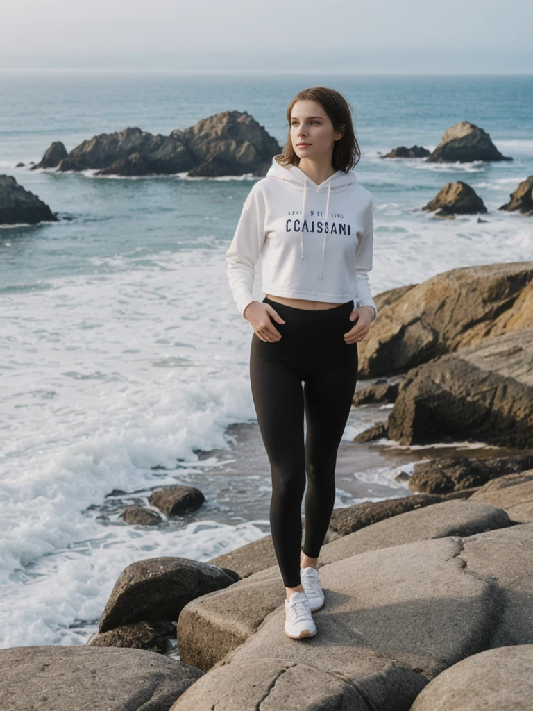her name is Elle, high quality, 1girl, ((20-year-old fit Caucasian woman)), ((20 years old)), ((fit)), ((pale skin)), short length straight dark hair , wearing Graphic Cropped Hoodie + High-Waisted Vinyl Leggings, pose: standing, background: Capture the coastal beauty of Big Sur in California, with its rugged cliffs, scenic Highway 1, and the waves crashing against the rocky shoreline.