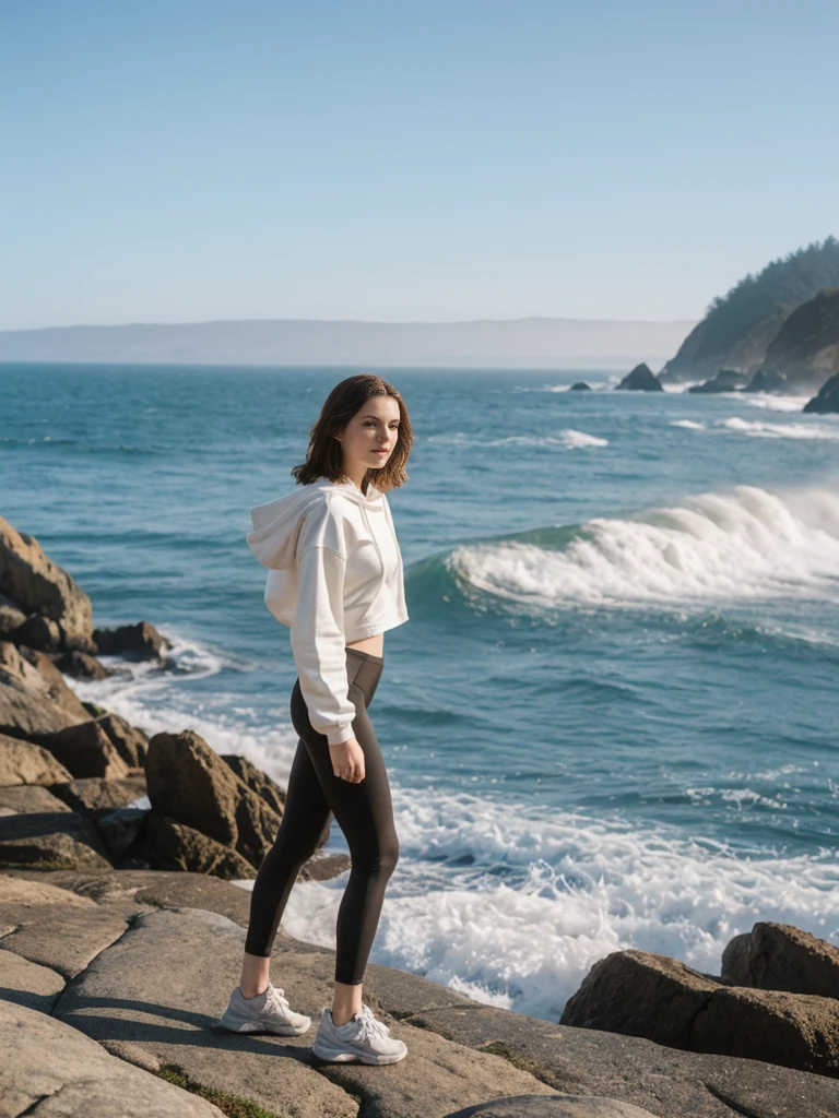 her name is Elle, high quality, 1girl, ((20-year-old fit Caucasian woman)), ((20 years old)), ((fit)), ((pale skin)), short length straight dark hair , wearing Graphic Cropped Hoodie + High-Waisted Vinyl Leggings, pose: standing, background: Capture the coastal beauty of Big Sur in California, with its rugged cliffs, scenic Highway 1, and the waves crashing against the rocky shoreline.