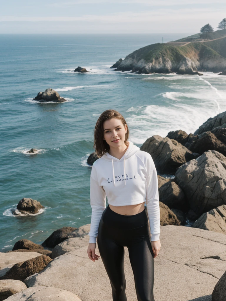 her name is Elle, high quality, 1girl, ((20-year-old fit Caucasian woman)), ((20 years old)), ((fit)), ((pale skin)), short length straight dark hair , wearing Graphic Cropped Hoodie + High-Waisted Vinyl Leggings, pose: standing, background: Capture the coastal beauty of Big Sur in California, with its rugged cliffs, scenic Highway 1, and the waves crashing against the rocky shoreline.