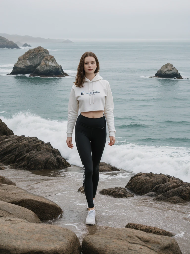 her name is Elle, high quality, 1girl, ((20-year-old fit Caucasian woman)), ((20 years old)), ((fit)), ((pale skin)), short length straight dark hair , wearing Graphic Cropped Hoodie + High-Waisted Vinyl Leggings, pose: standing, background: Capture the coastal beauty of Big Sur in California, with its rugged cliffs, scenic Highway 1, and the waves crashing against the rocky shoreline.