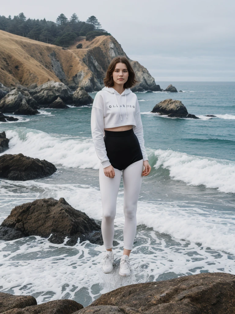 her name is Elle, high quality, 1girl, ((20-year-old fit Caucasian woman)), ((20 years old)), ((fit)), ((pale skin)), short length straight dark hair , wearing Graphic Cropped Hoodie + High-Waisted Vinyl Leggings, pose: standing, background: Capture the coastal beauty of Big Sur in California, with its rugged cliffs, scenic Highway 1, and the waves crashing against the rocky shoreline.