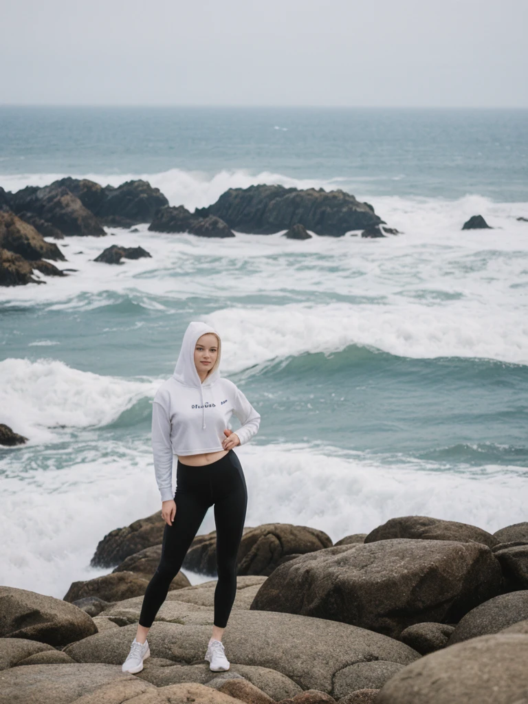 her name is Elle, high quality, 1girl, ((20-year-old fit Caucasian woman)), ((20 years old)), ((fit)), ((pale skin)), short length straight dark hair , wearing Graphic Cropped Hoodie + High-Waisted Vinyl Leggings, pose: standing, background: Capture the coastal beauty of Big Sur in California, with its rugged cliffs, scenic Highway 1, and the waves crashing against the rocky shoreline.