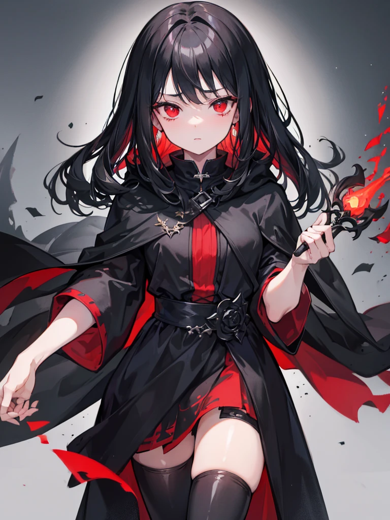 A girl with black hair and red eyes，Wearing a black cloak and heavy black robes，Heavy fog surrounds，She holds a dagger in her hand，Looking at you upright