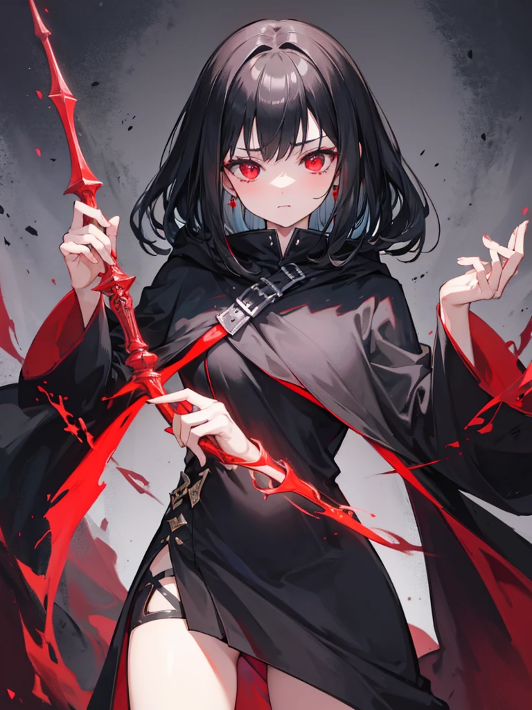 A girl with black hair and red eyes，Wearing a black cloak and heavy black robes，Heavy fog surrounds，She holds a dagger in her hand，Looking at you upright