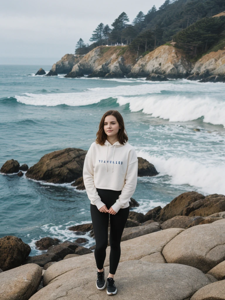 her name is Elle, high quality, 1girl, ((20-year-old fit Caucasian woman)), ((20 years old)), ((fit)), ((pale skin)), short length straight dark hair , wearing Graphic Cropped Hoodie + High-Waisted Vinyl Leggings, pose: standing, background: Capture the coastal beauty of Big Sur in California, with its rugged cliffs, scenic Highway 1, and the waves crashing against the rocky shoreline.