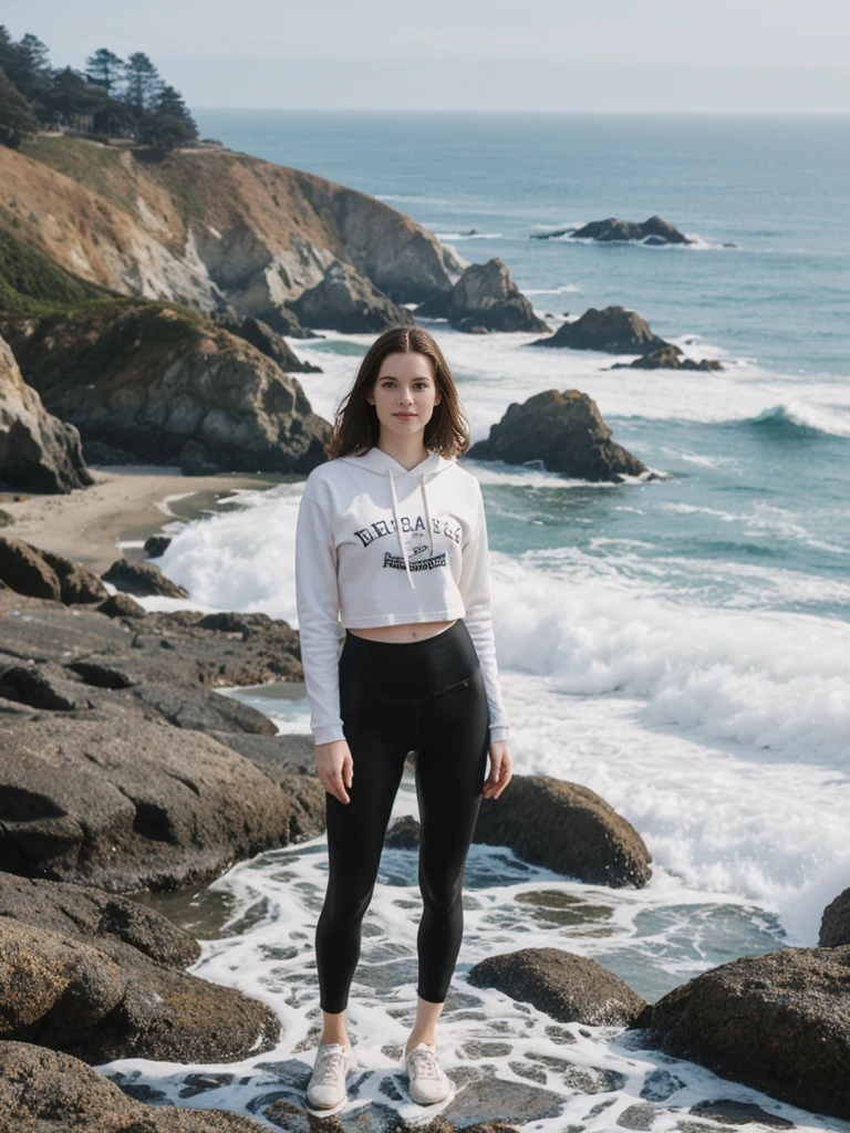 her name is Elle, high quality, 1girl, ((20-year-old fit Caucasian woman)), ((20 years old)), ((fit)), ((pale skin)), short length straight dark hair , wearing Graphic Cropped Hoodie + High-Waisted Vinyl Leggings, pose: standing, background: Capture the coastal beauty of Big Sur in California, with its rugged cliffs, scenic Highway 1, and the waves crashing against the rocky shoreline.