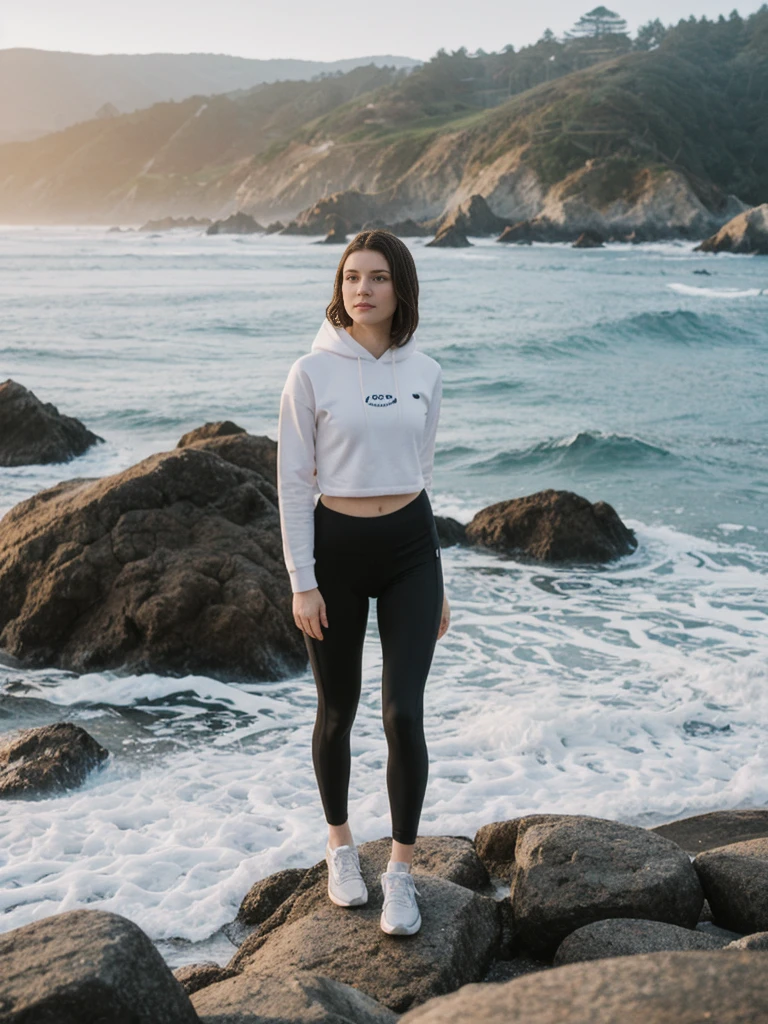 her name is Elle, high quality, 1girl, ((20-year-old fit Caucasian woman)), ((20 years old)), ((fit)), ((pale skin)), short length straight dark hair , wearing Graphic Cropped Hoodie + High-Waisted Vinyl Leggings, pose: standing, background: Capture the coastal beauty of Big Sur in California, with its rugged cliffs, scenic Highway 1, and the waves crashing against the rocky shoreline.