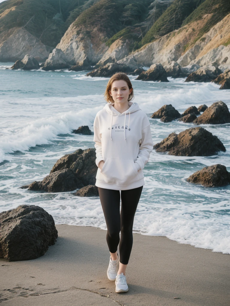her name is Elle, high quality, 1girl, ((20-year-old fit Caucasian woman)), ((20 years old)), ((fit)), ((pale skin)), short length straight dark hair , wearing Graphic Cropped Hoodie + High-Waisted Vinyl Leggings, pose: standing, background: Capture the coastal beauty of Big Sur in California, with its rugged cliffs, scenic Highway 1, and the waves crashing against the rocky shoreline.