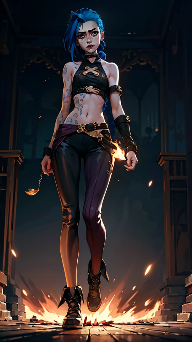 (masterpiece, Best quality), 1 girl, portrait, very sexy, crazy look, smile, crying, pink tears, tears on the cheeks, tears from eyes, full length (full body 1.1.), очень feminine, fighting stance, battle, fire, explosions, burning city, Beautiful waist, gloomy composition, flame, fire, Flash, very beautiful, feminine, long hair, hair braided in long braids, very sexy, tight leather pants, emphasis on the eyes, face accent, Beautiful face, Hands, Hair, Haired ponytail, red purple eyes, Джинкс crying, Blue cloud tattoo, (masterpiece, Best quality), Side lighting, beautiful detailed eyes, crazy face), (Best quality), (masterpiece), magic photography, Spectacular lighting, Photorealism, ultra detailed, интимная portraitная композиция, 1. 4,8 k UHD, aesthetic, Cd., A high resolution, 8 k, better lighting, Best shade, Ultra-HD, A high resolution, sharp focus, Complex background, Cinematic lighting, ((Landscape view)), 4K block, (better lighting), ((Cinematic lighting)),