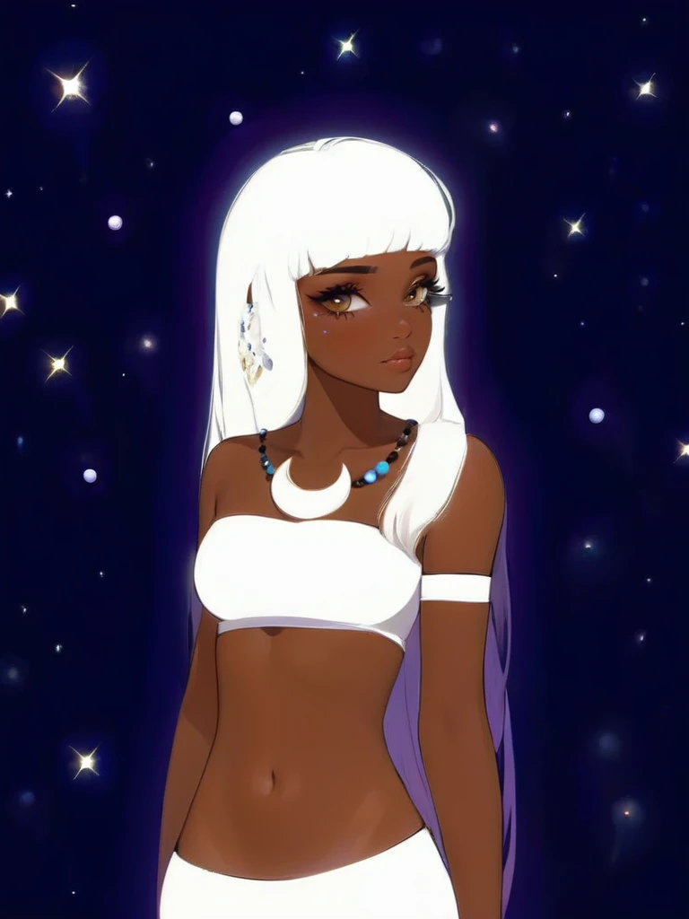 Goddess Jaci, Indigenous, Goddess of the moon, Brazilian legend, white hair, straight hair, straight bangs, black skin, white clothes, moon accessories, beautiful girl, big eyelashes, Necklace with blue and black pearls with a moon lying in the middle of them, Hair accessory with three feathers and a moon, black moon outline on the face