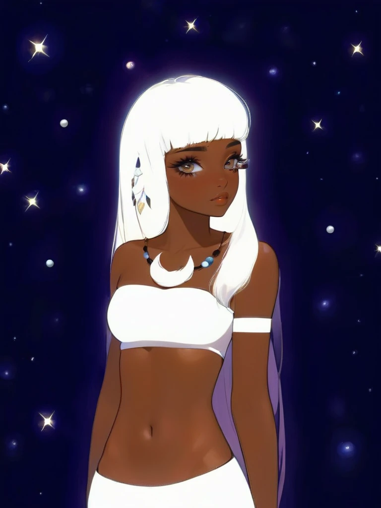 Goddess Jaci, Indigenous, Goddess of the moon, Brazilian legend, white hair, straight hair, straight bangs, black skin, white clothes, moon accessories, beautiful girl, big eyelashes, Necklace with blue and black pearls with a moon lying in the middle of them, Hair accessory with three feathers and a moon