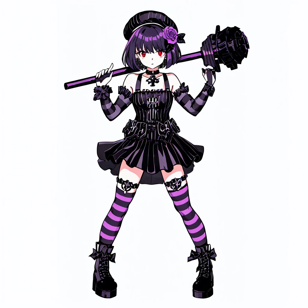 ultra detailed,best quality,game character, cool beauty,lady,20 year old,1girl, solo,full body,standing,Low Angle,dynamic pose,character focus,white Background,simple background, {{yandere,make-up,short bob hair,Black hair,deep purple hair, red eyes,serious,dark persona,cross silver accessory}},{{Black beret,corsage, pierced earrings,choker,Black Gothic punk Style,bell mini skirt,purple flower pattern Dress, black and white striped over the knee socks, long black boots}},{{ holding a huge hammer in both hands ,standing}},