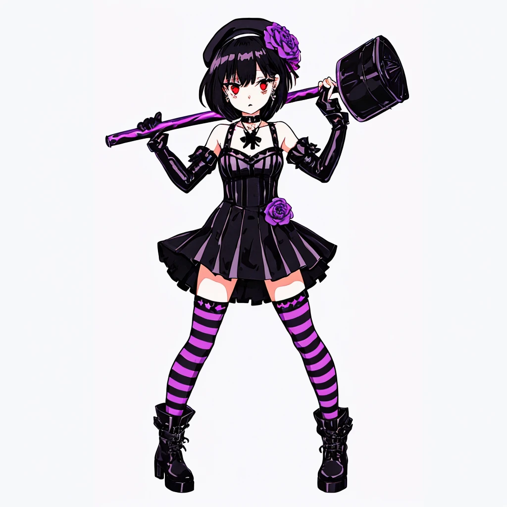 ultra detailed,best quality,game character, cool beauty,lady,20 year old,1girl, solo,full body,standing,Low Angle,dynamic pose,character focus,white Background,simple background, {{yandere,make-up,short bob hair,Black hair,deep purple hair, red eyes,serious,dark persona,cross silver accessory}},{{Black beret,corsage, pierced earrings,choker,Black Gothic punk Style,bell mini skirt,purple flower pattern Dress, black and white striped over the knee socks, long black boots}},{{ holding a huge hammer in both hands ,standing}},