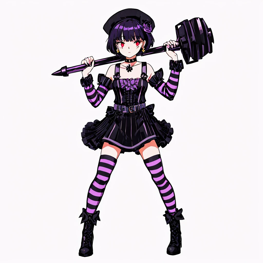 ultra detailed,best quality,game character, cool beauty,lady,20 year old,1girl, solo,full body,standing,Low Angle,dynamic pose,character focus,white Background,simple background, {{yandere,make-up,short bob hair,Black hair,deep purple hair, red eyes,serious,dark persona,cross silver accessory}},{{Black beret,corsage, pierced earrings,choker,Black Gothic punk Style,bell mini skirt,purple flower pattern Dress, black and white striped over the knee socks, long black boots}},{{ holding a huge hammer in both hands ,standing}},