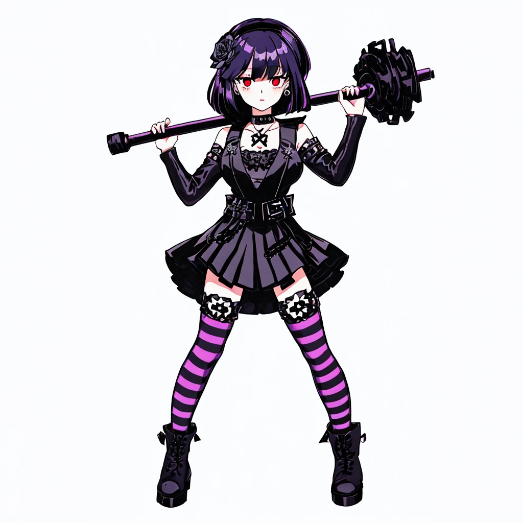 ultra detailed,best quality,game character, cool beauty,lady,20 year old,1girl, solo,full body,standing,Low Angle,dynamic pose,character focus,white Background,simple background, {{yandere,make-up,short bob hair,Black hair,deep purple hair, red eyes,serious,dark persona,cross silver accessory}},{{Black beret,corsage, pierced earrings,choker,Black Gothic punk Style,bell mini skirt,purple flower pattern Dress, black and white striped over the knee socks, long black boots}},{{ holding a huge hammer in both hands ,standing}},