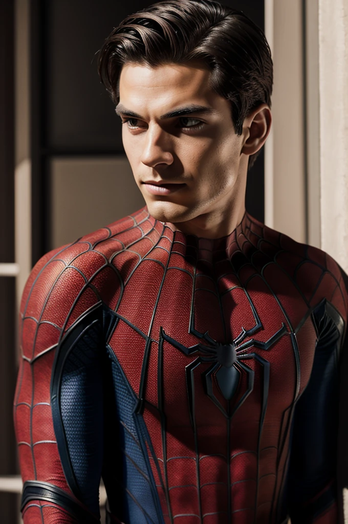 A photograph of Spider-Man., sin mascara, the 20s, elegant, detailed face, looking to the camera, portrait, 8k hd, high quality