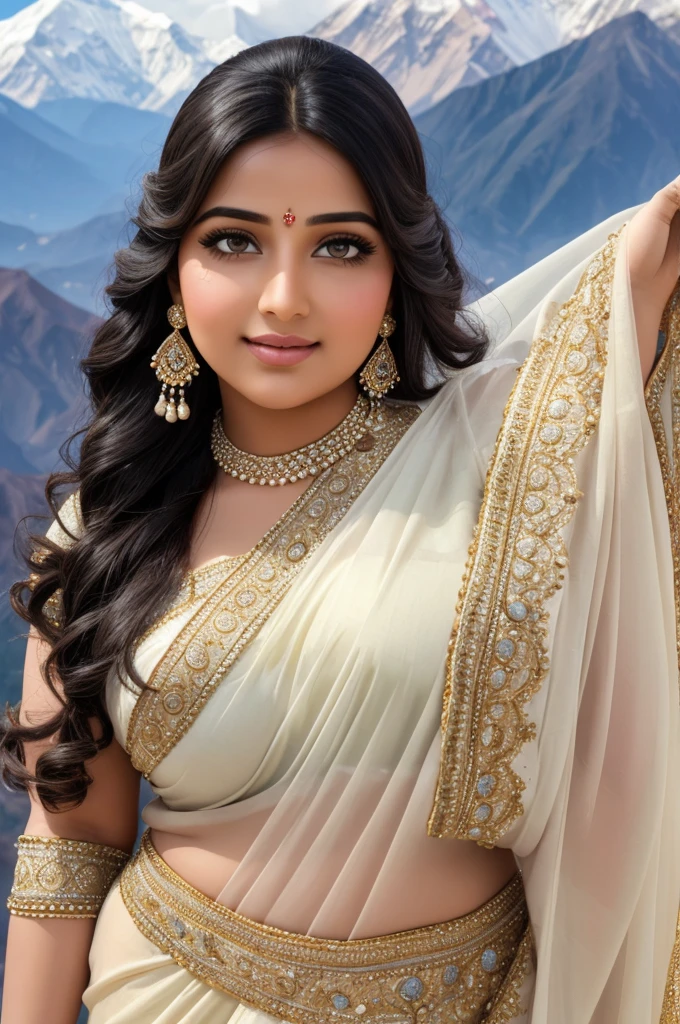 1 Heavenly beautiful and goddess beauty cute and sweet looking face Arabian woman in front of Mount Everest, Heavenly beautiful Overweight, Heavenly beautiful Extremely fat, Heavenly beautiful and attractive Chubby figure , Heavenly beautiful looking and eye catching luxury style bridal saree , reaching out, Heavenly beautiful Arabian woman, 16k, High resolution, masterpiece, highest quality, fine skin, close up figure view, Realistic Photograph