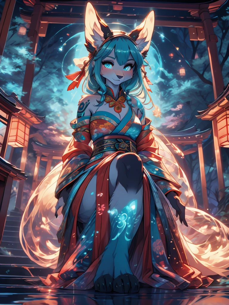 Miku Hatsune, high definition add_detail:1, blue fur,kitsune ears, tribal tattoo add_detail:1, pretty girl add_detail:1, feudal priestess clothing add_detail:1, japanese shrine landscape add_detail:1, japanese shrine costume add_detail:1, add_detail:1, full body add_detail, highly detailed face 