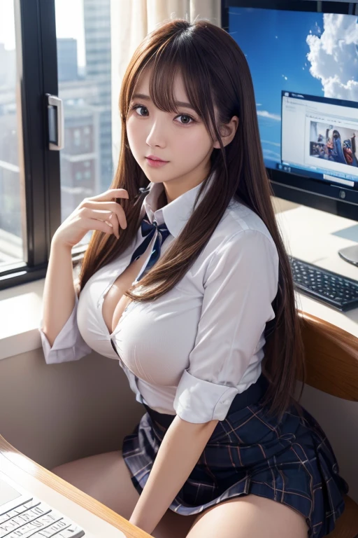 (8K, RAW Photos, Highest quality, masterpiece:1.2), (Realistic, photo-Realistic:1.37), Super detailed, 1 Girl, alone,Beautifully detailed skies,Detailed office,Sitting,Date,Big big breasts,Beautiful attention to detail,Are crying、(Collared shirt:1.1), (Long skirt:1.1),Bra is visible、(Long Hair:1.2),Floating Hair、Chubby、sexy、Are fat、I can see your ass、Anzu Manaka、PC Monitor
