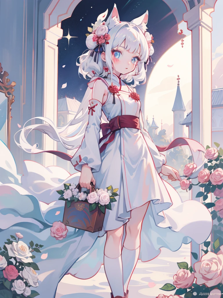 There is a woman in a white dress,A red rose was stuck in her hair, Anime role play, Anime girl role play, role play foto, Anime style mixed with Fuji film, role play, White-haired God, a beautiful fox woman, role play game maker, white cat girl, silver hair girl, internal medicine rice, real life anime girls, Ayaka role play, Baiji haircut hairstyle