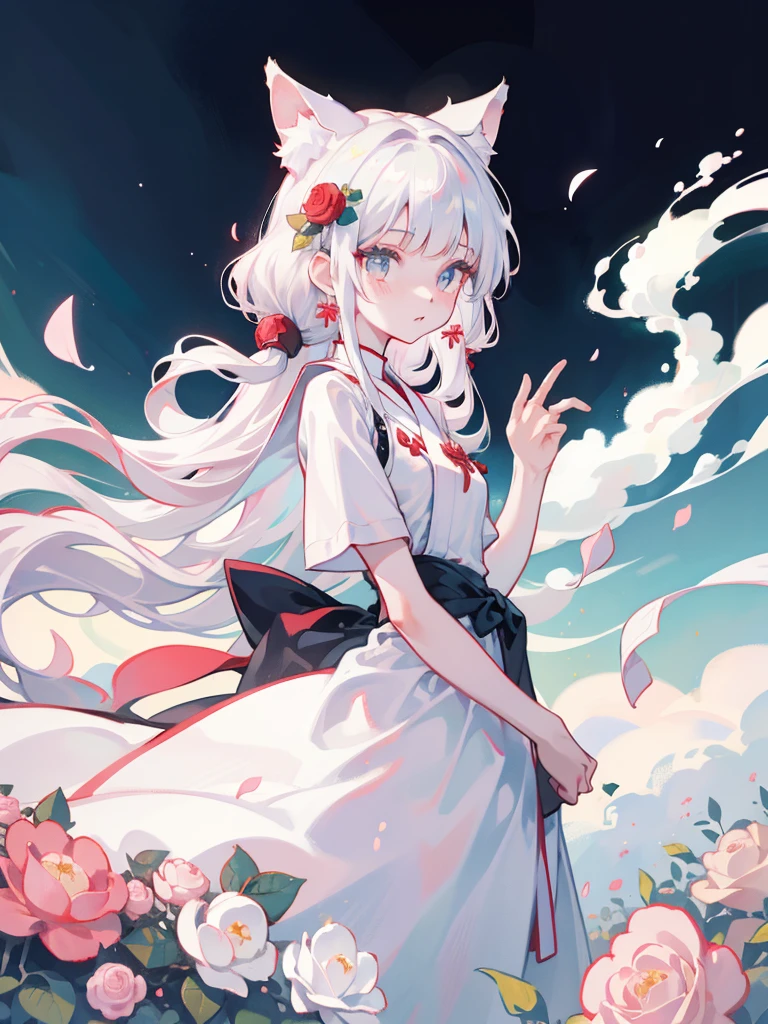 There is a woman in a white dress,A red rose was stuck in her hair, Anime role play, Anime girl role play, role play foto, Anime style mixed with Fuji film, role play, White-haired God, a beautiful fox woman, role play game maker, white cat girl, silver hair girl, internal medicine rice, real life anime girls, Ayaka role play, Baiji haircut hairstyle