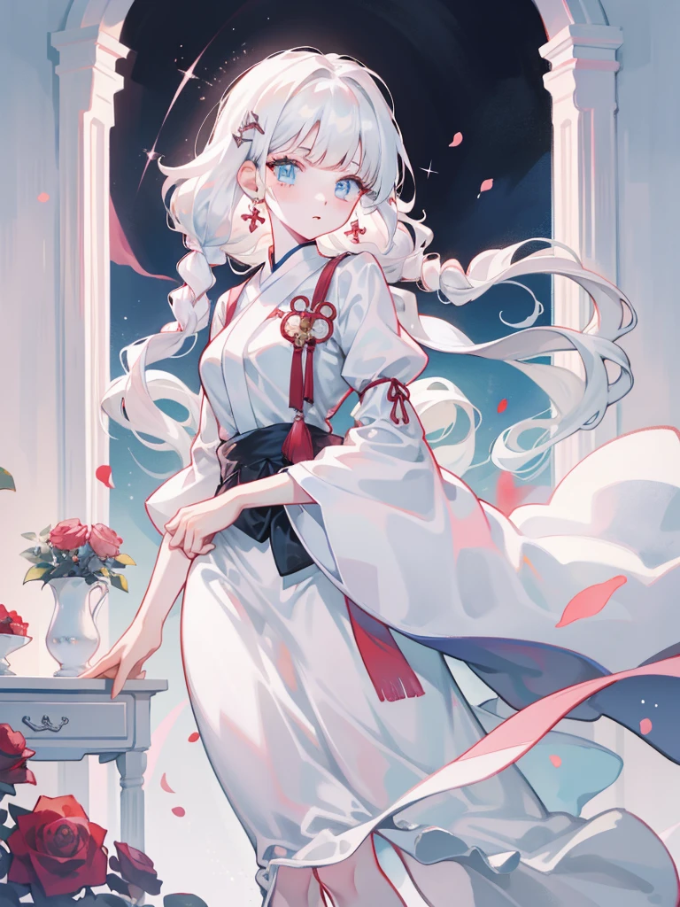 There is a woman in a white dress，A red rose was stuck in her hair, Anime role play, Anime girl role play, role play foto, Anime style mixed with Fuji film, role play, White-haired God, a beautiful fox woman, role play game maker, white cat girl, silver hair girl, internal medicine rice, real life anime girls, Ayaka role play, Baiji haircut hairstyle