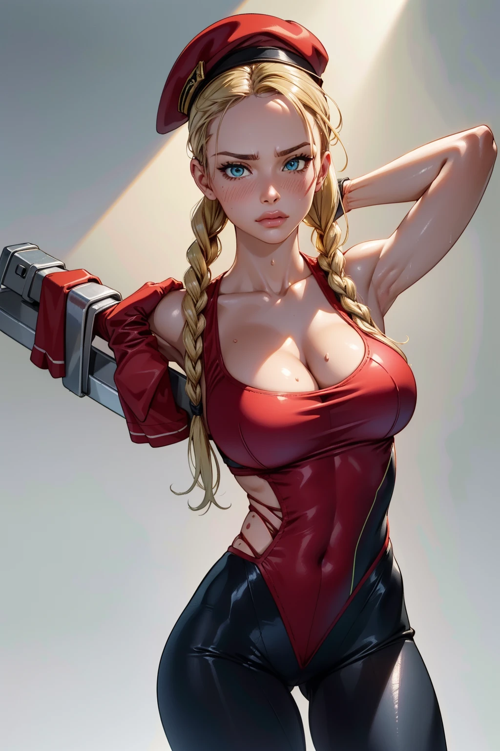 Hyper realistic super detailed sexy Cammy White , Very detailed, expressions faciales sexy, seductive facial expressions, [:(Face detail: 1.4): 0.4], 16K resolution, 4k resolution, dinamic lighting, High definition resolution, (hyper realistic: 1.4),(contrasting background: 1.5), (Anatomy of the hyperrealistic arm), (Hyperrealistic anatomy of the legs), (peau propre), (lighting cinematic: 1.7), (intime), (Technologie NVIDIA RTX Ray Tracing), (Anatomy of the hyperrealistic arm: 2), (Ventre plat parfait), (image couleur),  Cammy White  ,breasts, cleavage, blush, medium breasts, gym, exercising, big exercise ball, crunching on an exercise ball, diagonal view, bangs, looking at viewer, collarbone, solo focus, indoors, sweat, pov, no bra, Cammy White , twin braids, long hair, blonde hair, antenna hair, beret, (red headwear:1.3), blue eyes, scar on cheek, green leotard, large breasts, sleeveless, red gloves, fingerless gloves, camouflage,