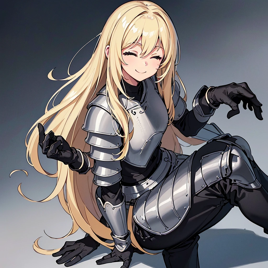 (((Solo)))、Highest quality, Best Quality、8K、Best illustrations、(((Gray simple armor、Black trousers、Black gloves))、(woman、18-year-old)、(Blonde、Long Hair)、(White background)、(Sit on the stairs)、(Close your eyes、smile、smile)、wave hands