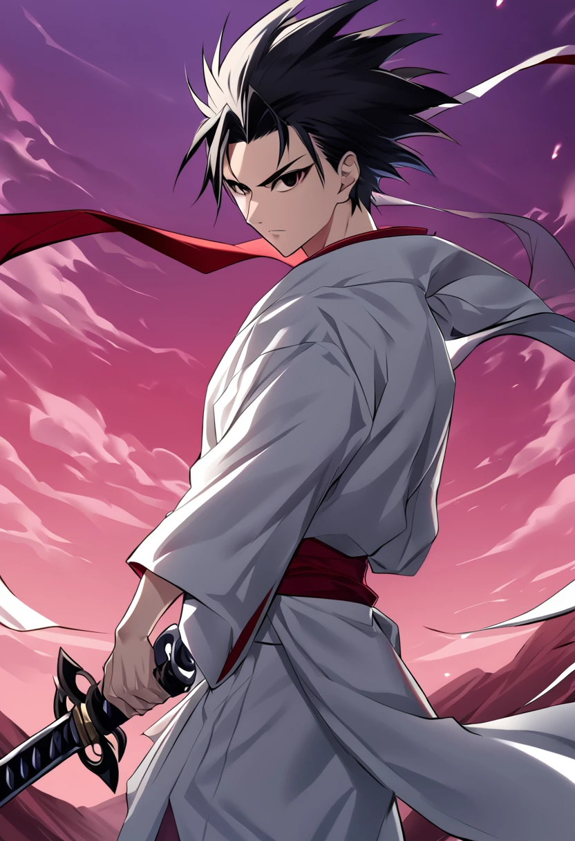 1boy, male focus, ponyzeldris, black hair, short hair, spiked hair, black eyes, red eyes, empty eyes,muscle, wearing white kimono with blue parts, holding an totally black sword in a red land, purple mountains, red sky, wind, clothes in the wind, hair in the wind, serious expression, powerful posing