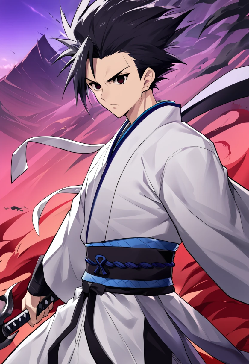 1boy, male focus, ponyzeldris, black hair, short hair, spiked hair, black eyes, red eyes, empty eyes,muscle, wearing white kimono with blue parts, holding an totally black sword in a red land, purple mountains, red sky, wind, clothes in the wind, hair in the wind, serious expression, powerful posing