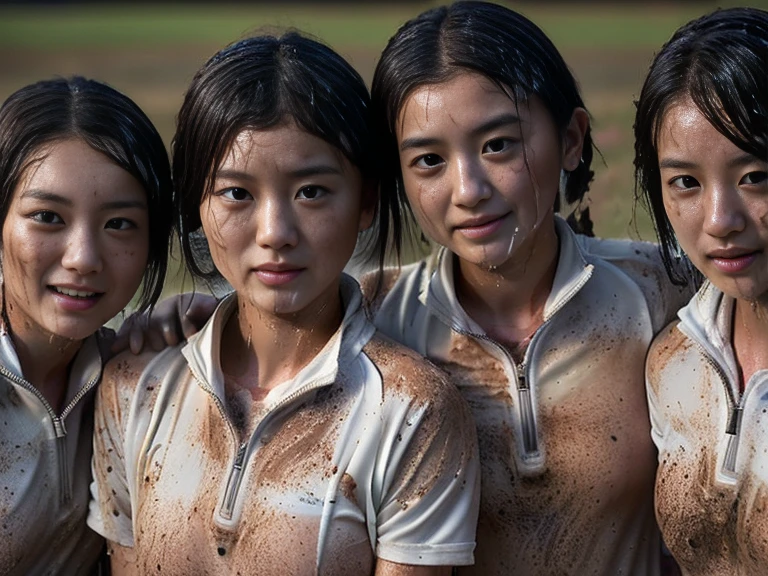 (A plain white short sleeved dirt stained field hockey uniform with a very tight white half zip:1.7)、(A large, dirt-stained, white, square collar: 1.6)、(Red clay ground:1.5)、My hair is wet and messy、(Beautiful Japanese woman covered in dirt:2.2)、Highest quality, masterpiece, Ultra-high resolution, Photorealistic, Raw Photos,Detailed face,(Muscular woman:1.4), (Fastener open: 1.8), (Upper body zoom up:1.0),(Everyone wears the same clothes:1.0), All members are super beauties, (Group photo of beautiful Japanese women huddled together: 1.7), (Hair tied up: 1.4), (Gentle expression:2.1), Bright photo, (My whole body is drenched in rain: 1.7), (Covered in mud and earth: 1.4)