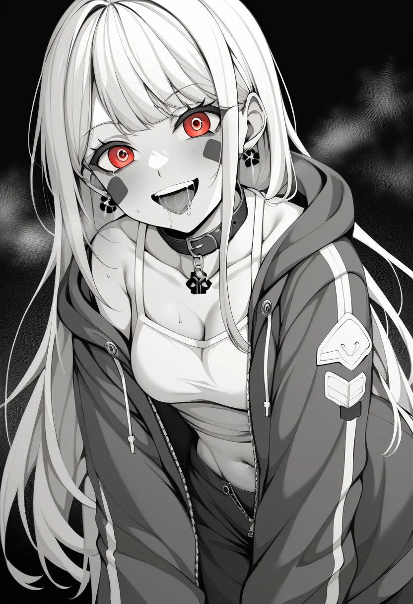 (masterpiece:1.2)、Highest quality、PIXIV、Rebellious e girl、Open your mouth、鋭いteeth、teeth、Long Hair、Street background、gem、badge、ボタンbadge、Food、Bright red eyes、Earrings、Jacket、eyelash、Foodを下にして、Upper Body、Characters in clothes、zipper、collar、cable、chain、Stickers、hoodie、smile、Focus on the viewer、Chest in the center、Shoulder Bare、Belly button、k and white hair color,leaning forward,Cyberpunk city,Night view,Black and white grey outfit,Overflowing drool、saliva、White Breath、Sigh